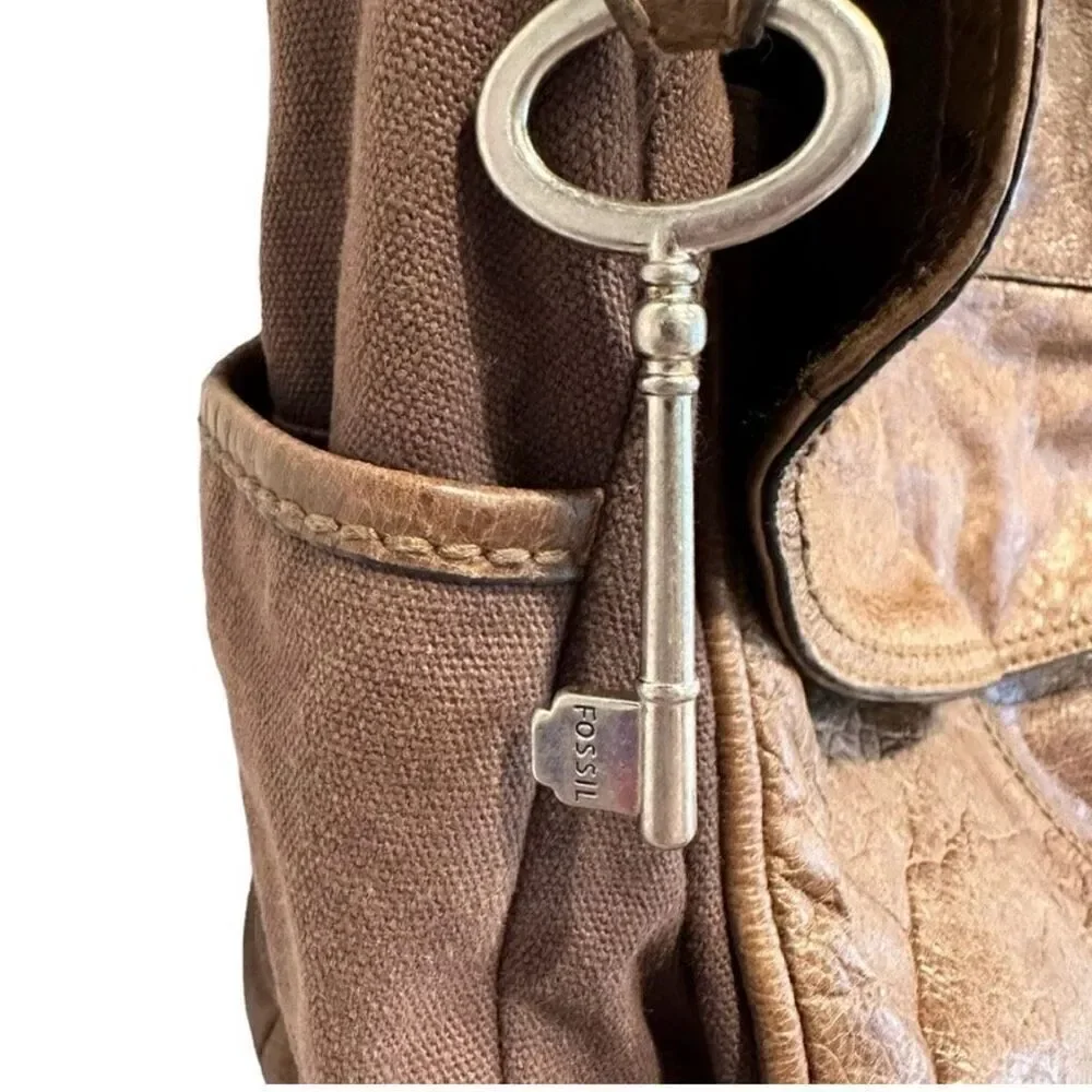 Fossil Key Brown Distressed Leather Canvas Messenger Bag Laptop Crossbody Bag